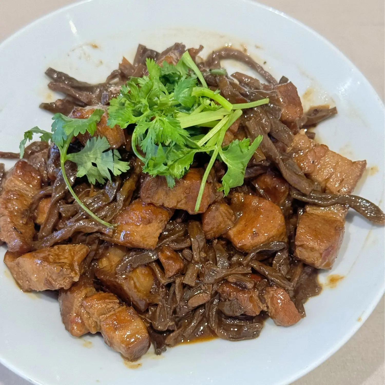 Pork belly braised with dried long beans at Spices Garden, a Chines Sichuan Restaurant in Fremont