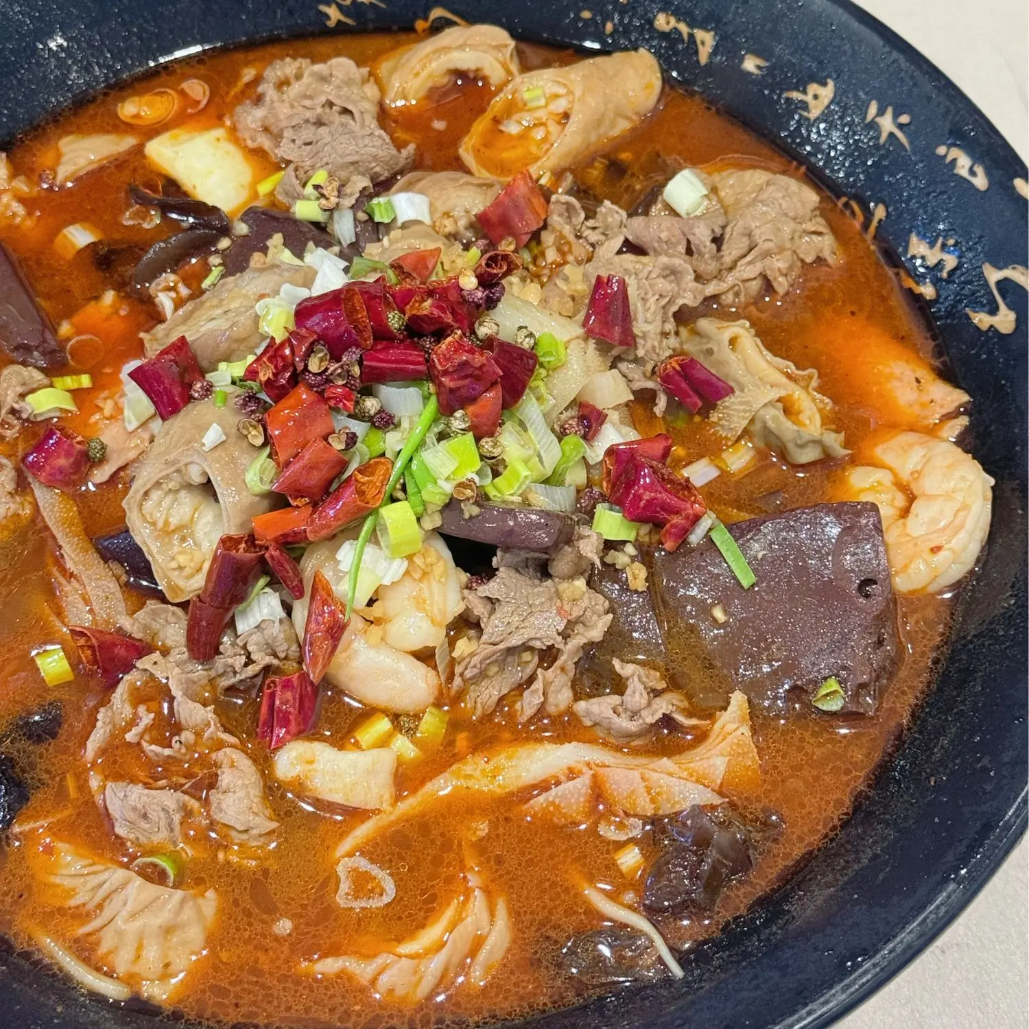 Spicy hot pot dish with offal and blood curd at Spices Garden, a Chines Sichuan Restaurant in Fremont