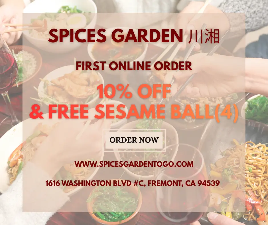 Title: Spices Garden Promo: 10% Off First Online Order + Free Sesame Balls (4)

Alt: Advertisement for Spices Garden: 10% off first online order, free 4 sesame balls.
